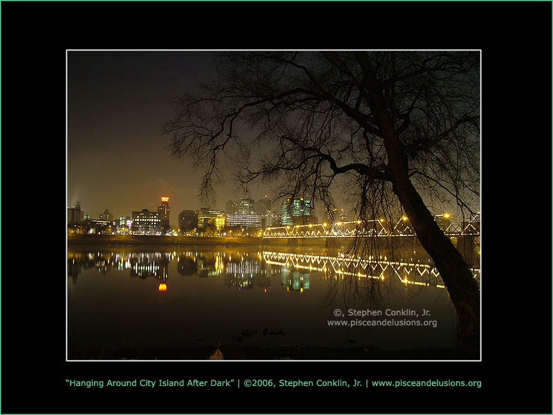 Hanging Around City Island After Dark, by Stephen Conklin, Jr. - www.pisceandelusions.org - Night Skyline View of Harrisburg, Pennsylvania, Overlooking the Susquehanna River